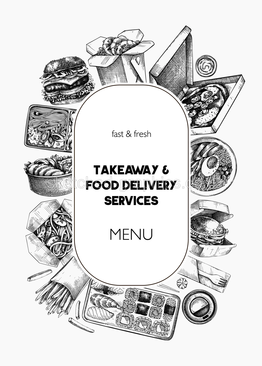 Engraved fast food restaurant wreath. Hand-drawn vector illustration. Burger, pizza box, paper bag, coffee cup sketch. Takeaway food or delivery menu design, poster template Illustration